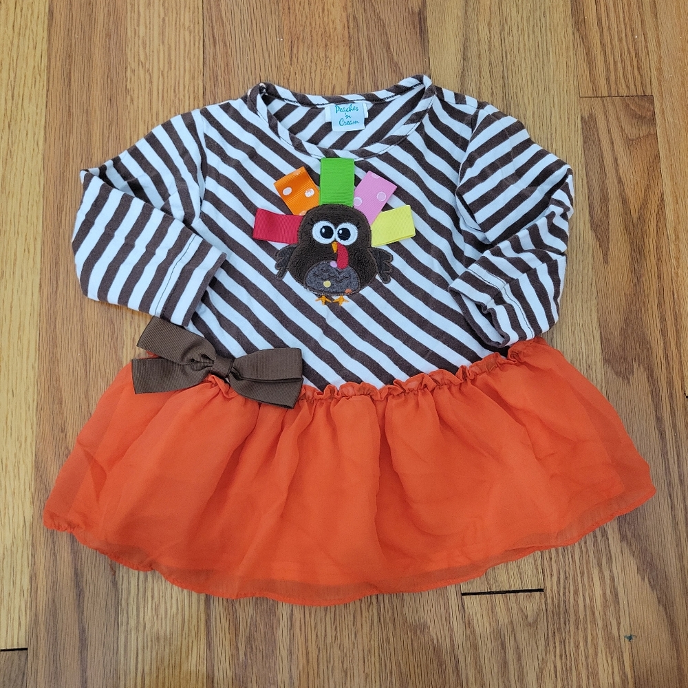 Peaches &‎ Cream Baby Girl Thanksgiving Shirt Size 18 Months Turkey Stripes Bow